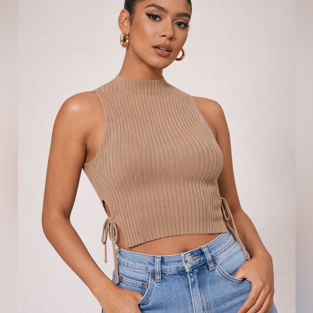 PrettyLittleThing SHAPE Ribbed Side Tie Crop Top Taupe US 6